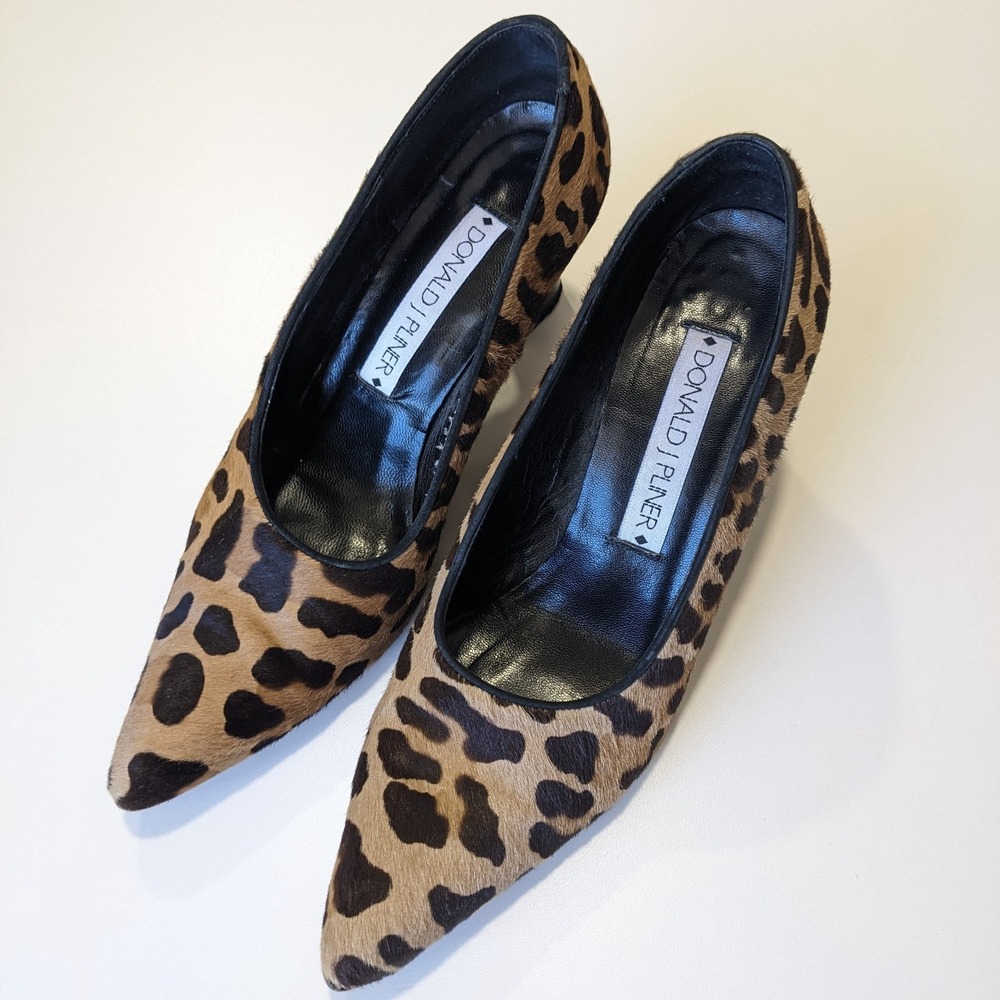 Vintage Donald J Pliner Pony Hair Leopard High Heels 9 Pointed Toe 90s Calf Hair